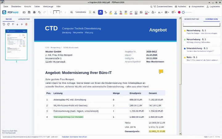 CtdPDF mit einem Angebot: farbige Hervorhebungen im Text, rechts die Kommentarliste mit Notizen