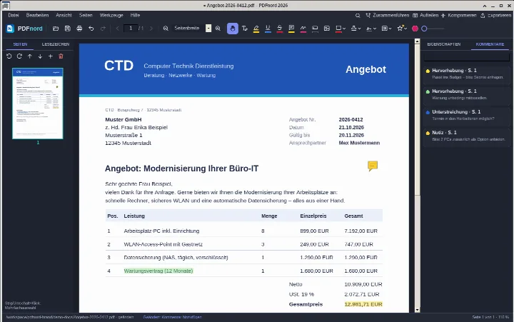 CtdPDF im dunklen Design mit geöffnetem Angebot und Kommentarliste