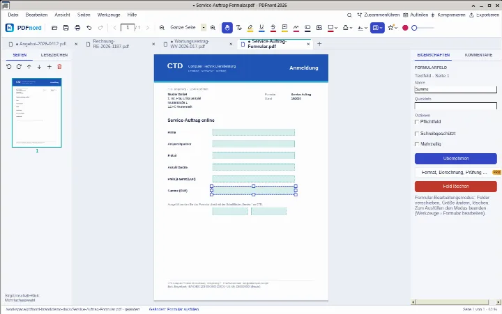 CtdPDF: Formular „Service-Auftrag“ im Bearbeitungsmodus mit markiertem Feld „Summe“ und Feldeigenschaften