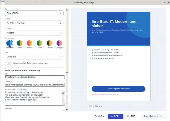 CtdPDF Pro: Marketing-Werkzeuge mit Vorlage, Farbthema und Live-Vorschau eines A4-Flyers