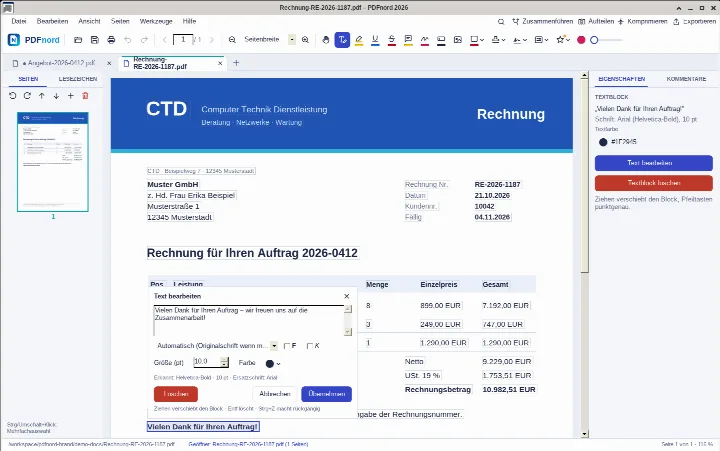 CtdPDF: Textblock einer Rechnung wird im Dialog „Text bearbeiten“ geändert, Schrift und Größe bleiben erhalten