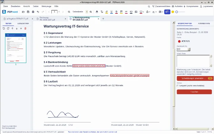 CtdPDF Pro: IBAN und E-Mail-Adresse im Vertrag zum Schwärzen markiert, rechts „Schwärzungen anwenden“