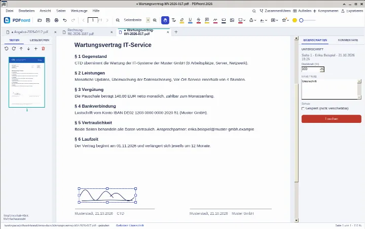 CtdPDF: handschriftliche Unterschrift auf der Unterschriftenzeile eines Vertrags platziert